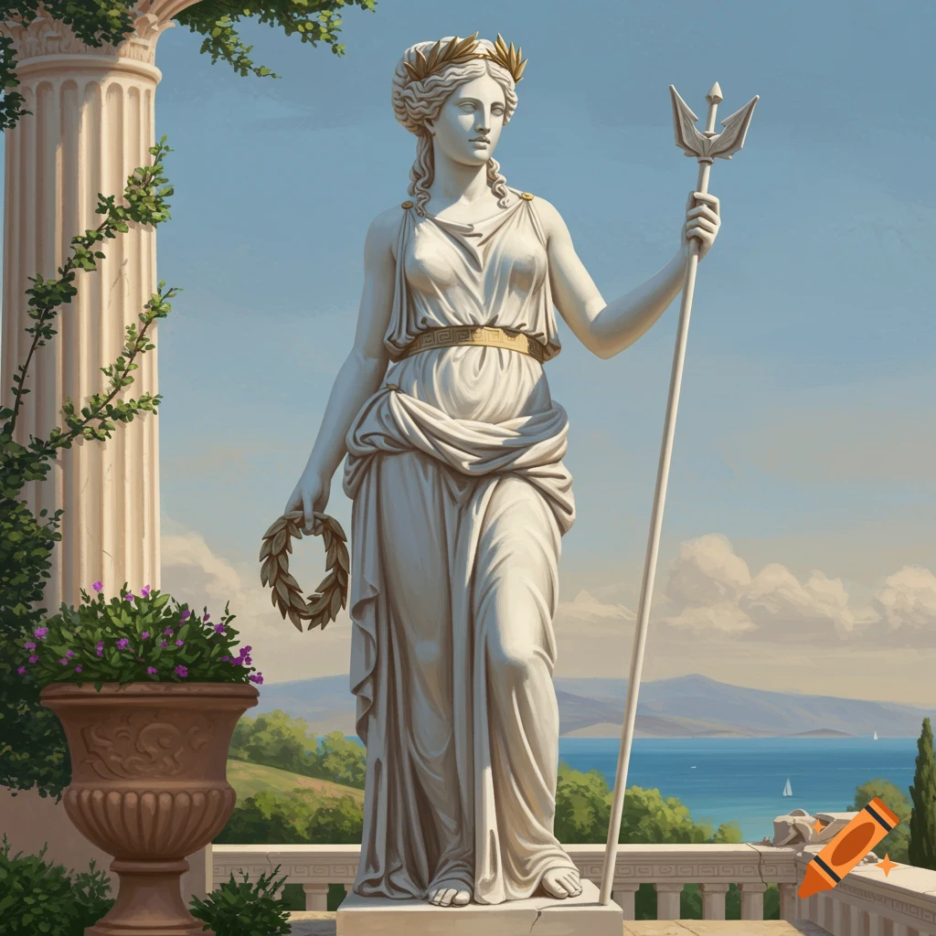 A white marble statue of a Greek goddess holding a trident and a wreath on a balcony overlooking a sea and hills.