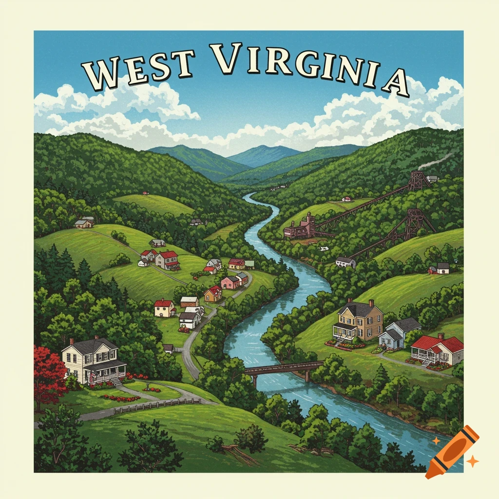 Illustrated landscape of West Virginia: river, green mountains, houses, and industrial sites, with 'WEST VIRGINIA' text in the sky.