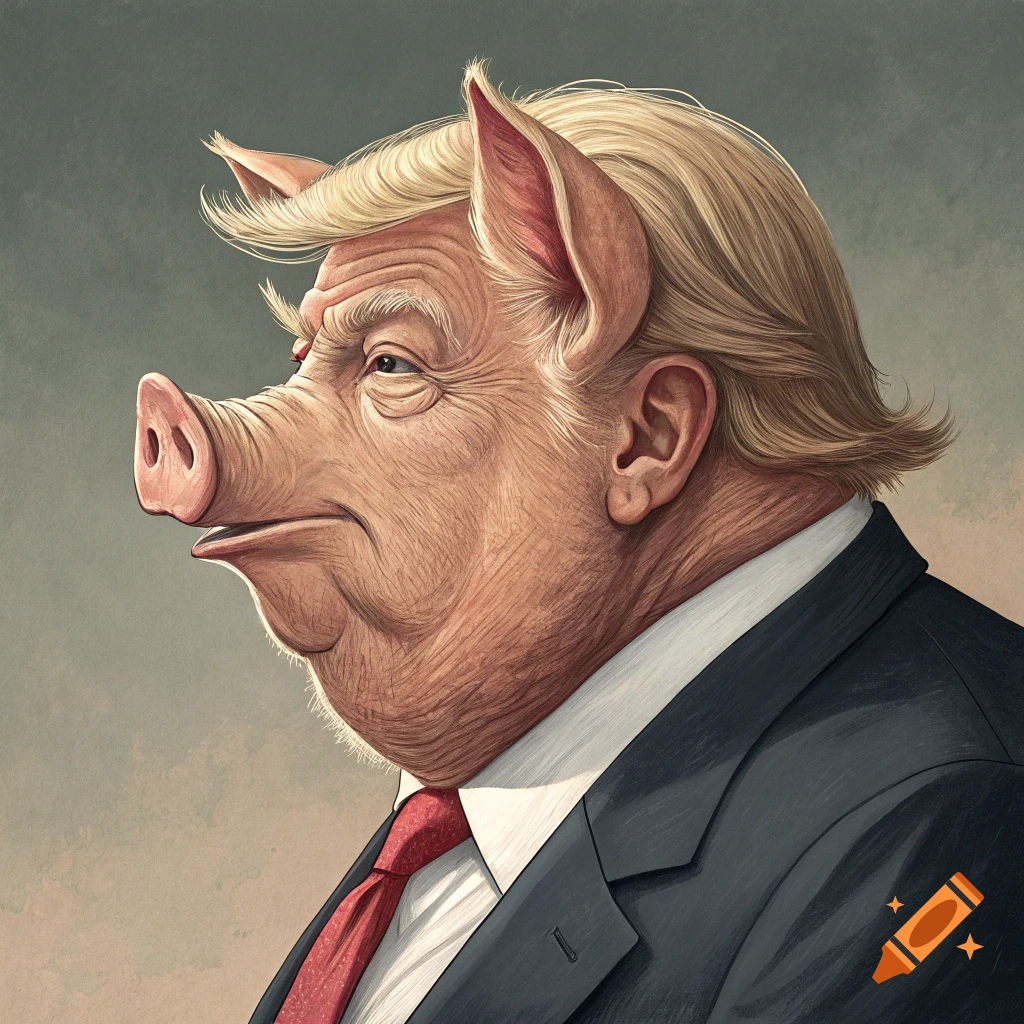 Stylized illustration of Donald Trump with a pig's snout and ears, wearing a suit.