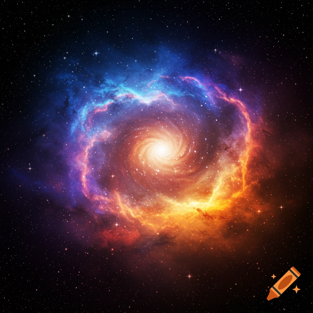 A vibrant spiral galaxy with a bright core and colorful swirling nebulae in deep space with many stars.