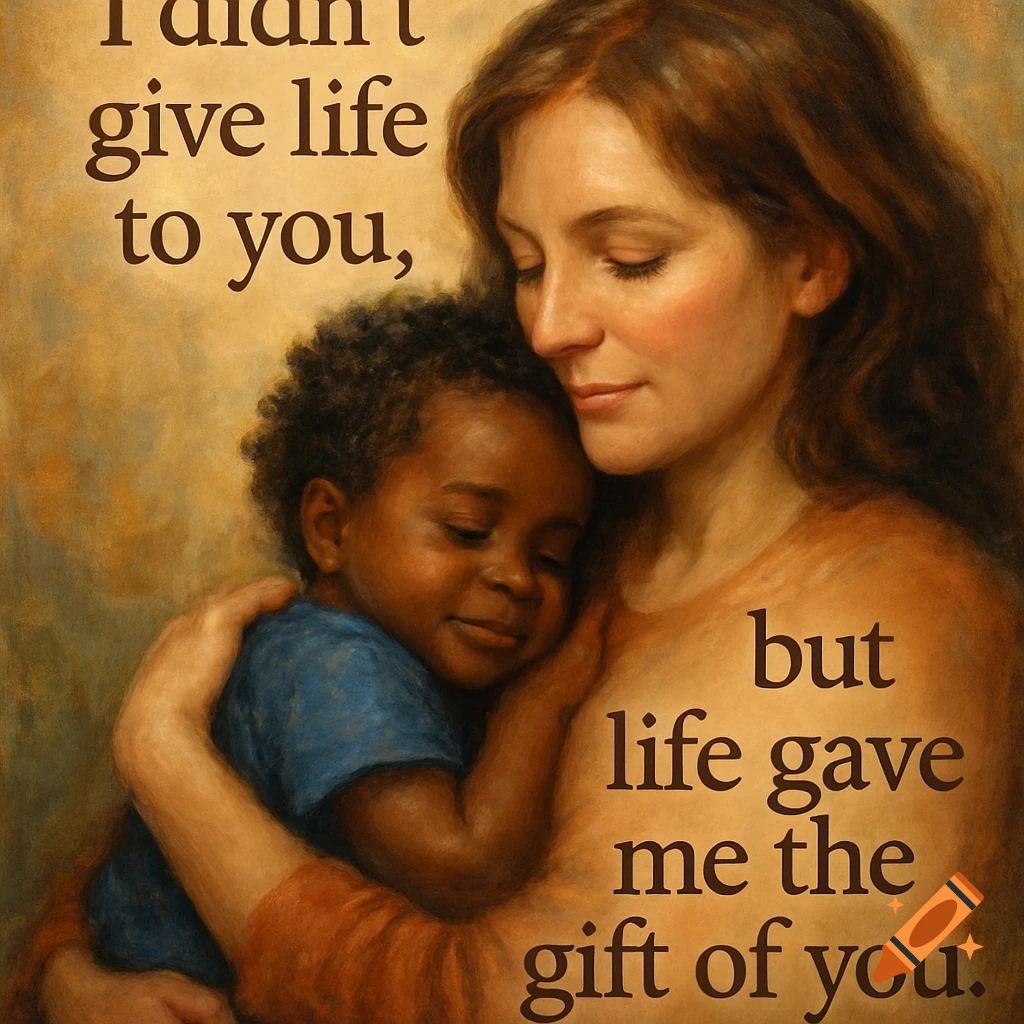 A mother tenderly embraces a young child, with the quote 'I didn't give life to you, but life gave me the gift of you.' overlaying the image.