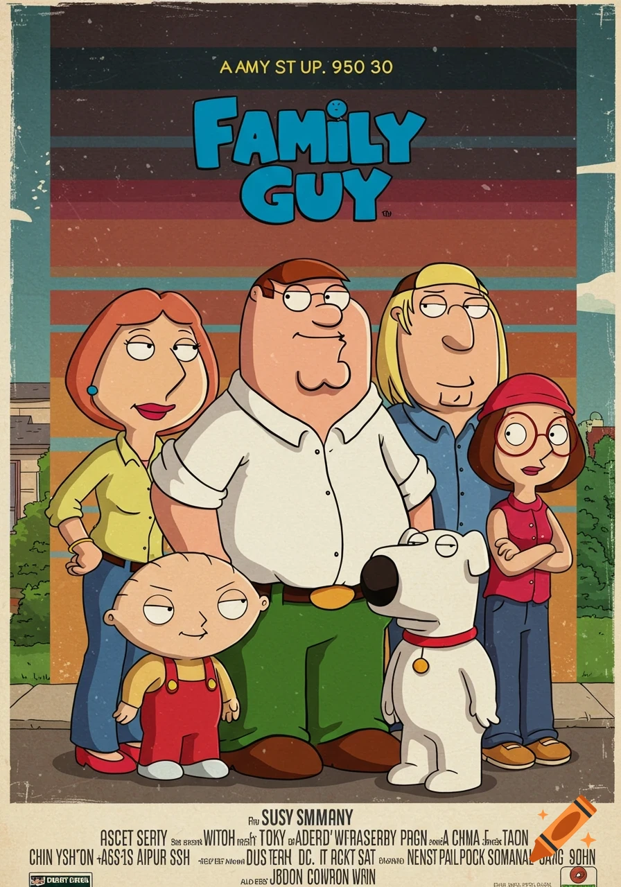 A retro-style cartoon poster featuring the main characters of Family Guy standing in front of a striped background.