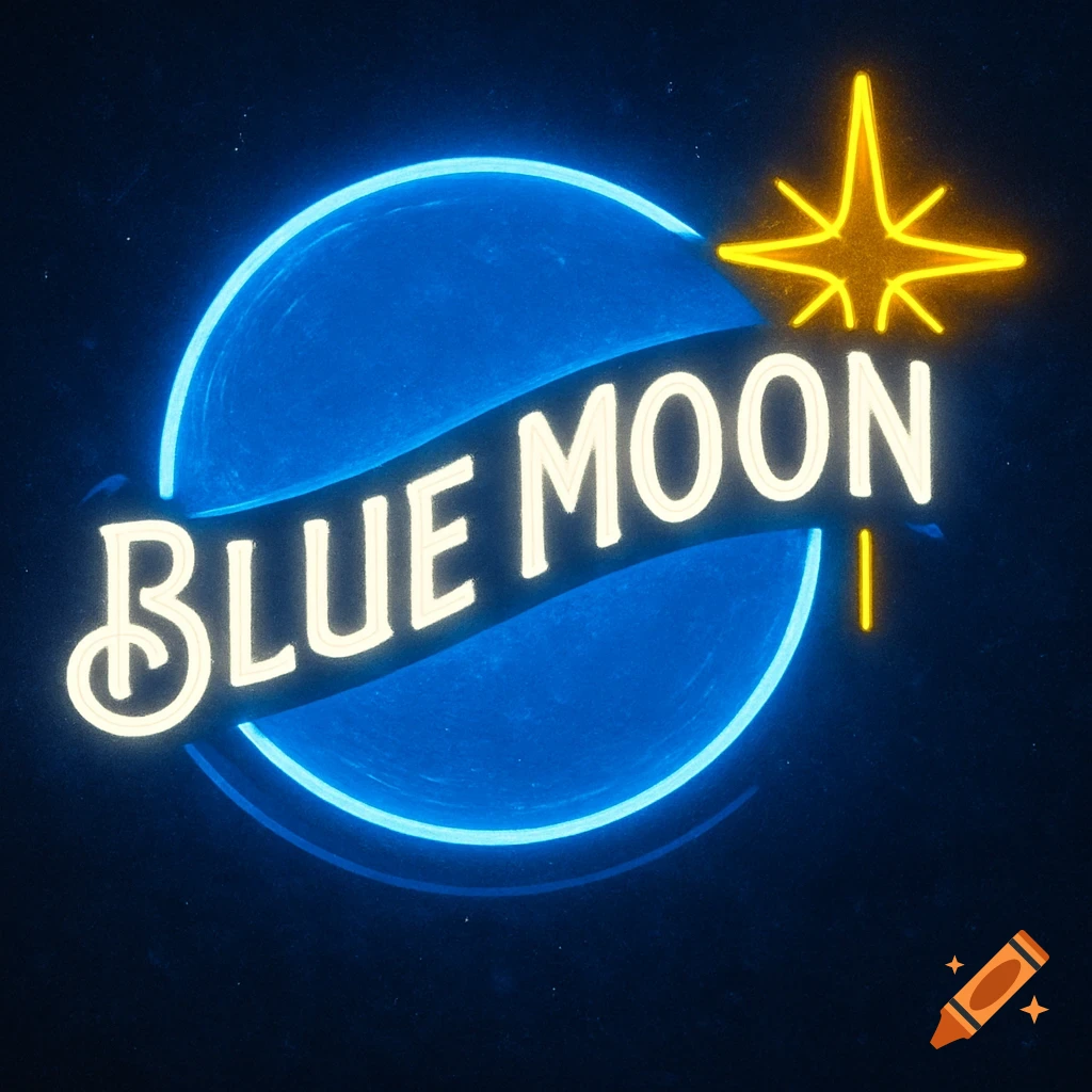 A glowing neon sign for Blue Moon beer, featuring a blue circle, a yellow star, and white text 'Blue Moon'.