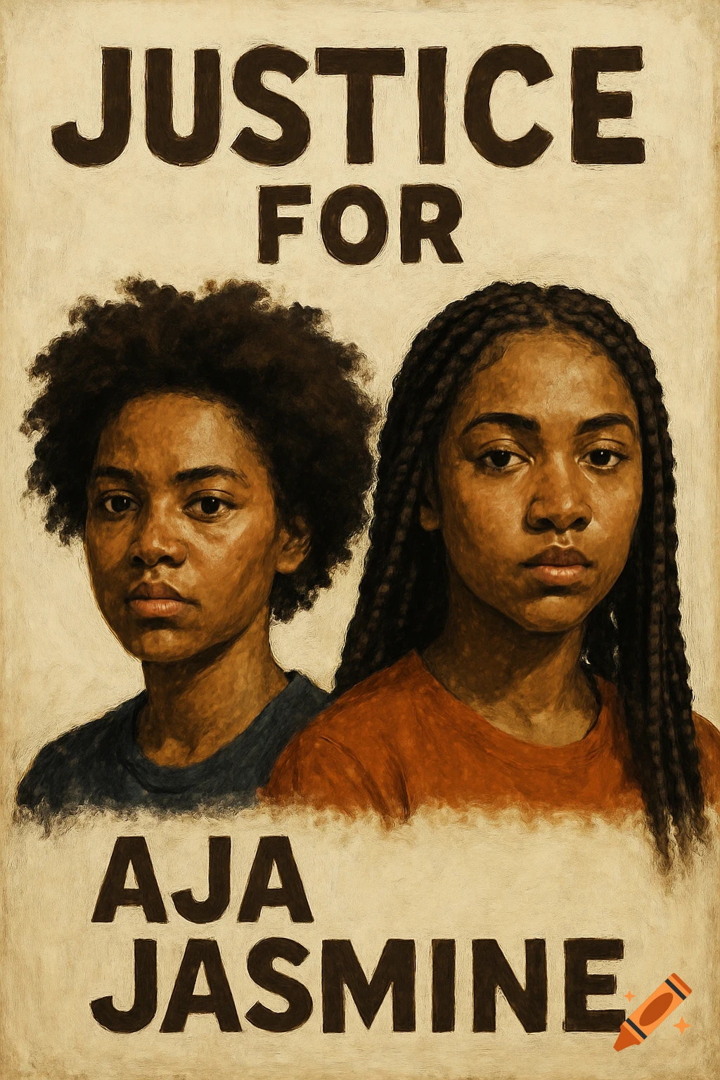 An oil painting style poster depicting two young women with the text 'JUSTICE FOR AJA JASMINE'.
