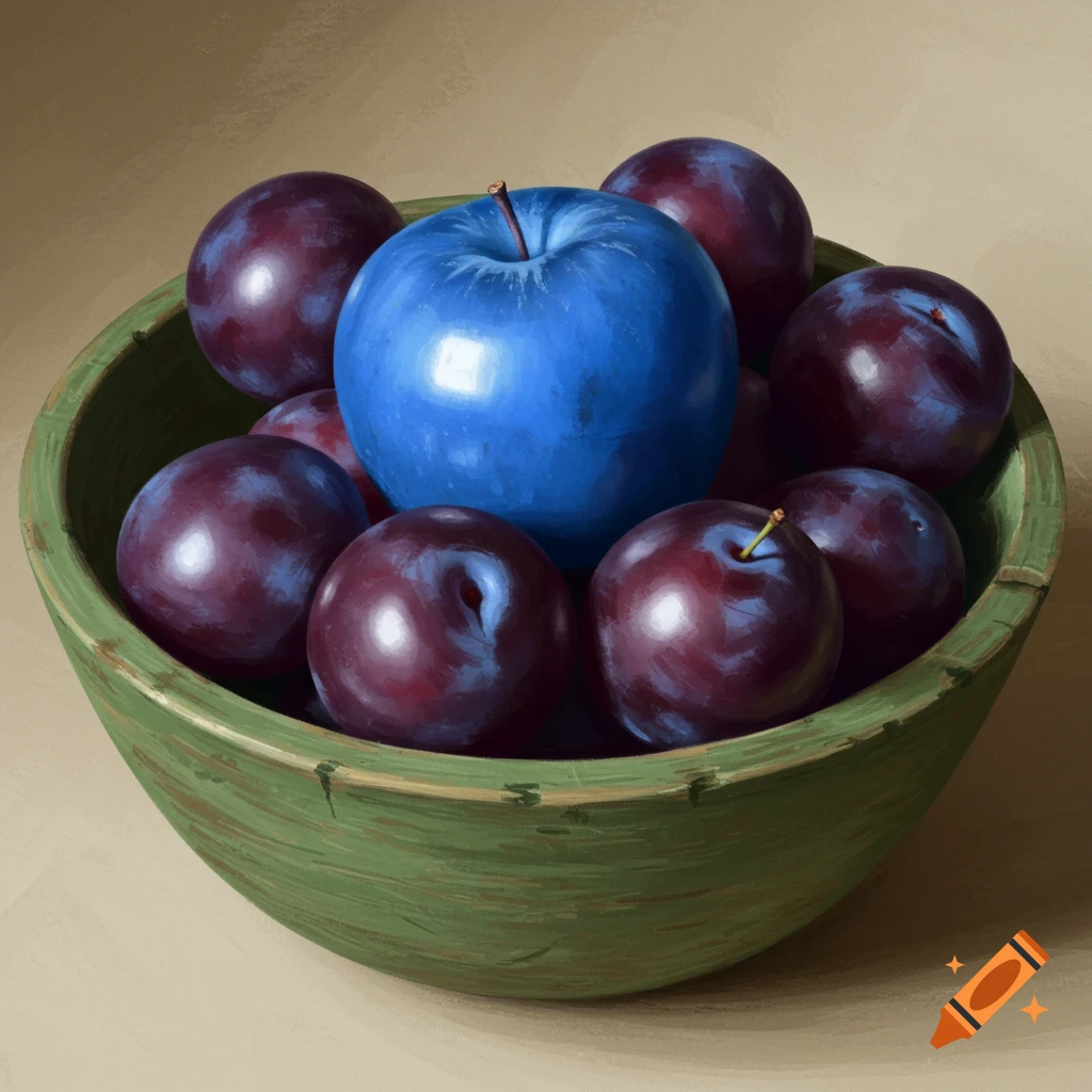 A blue apple nestled among purple plums in a textured green wooden bowl, depicted in a painterly style.