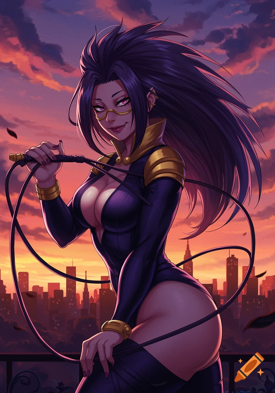 Anime-style character Midnight in a purple suit and glasses, holding a whip, against a sunset city skyline.