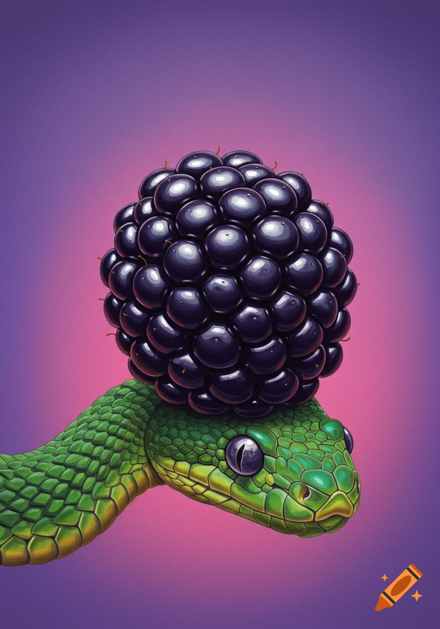 A green snake with a large, dark purple blackberry for its head, against a vibrant purple and pink gradient background.