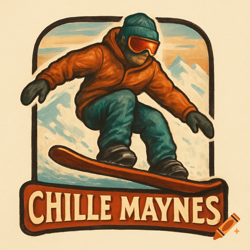 Vintage illustration logo of a snowboarder in orange and teal, with mountains, above the text 'CHILLE MAYNES'.