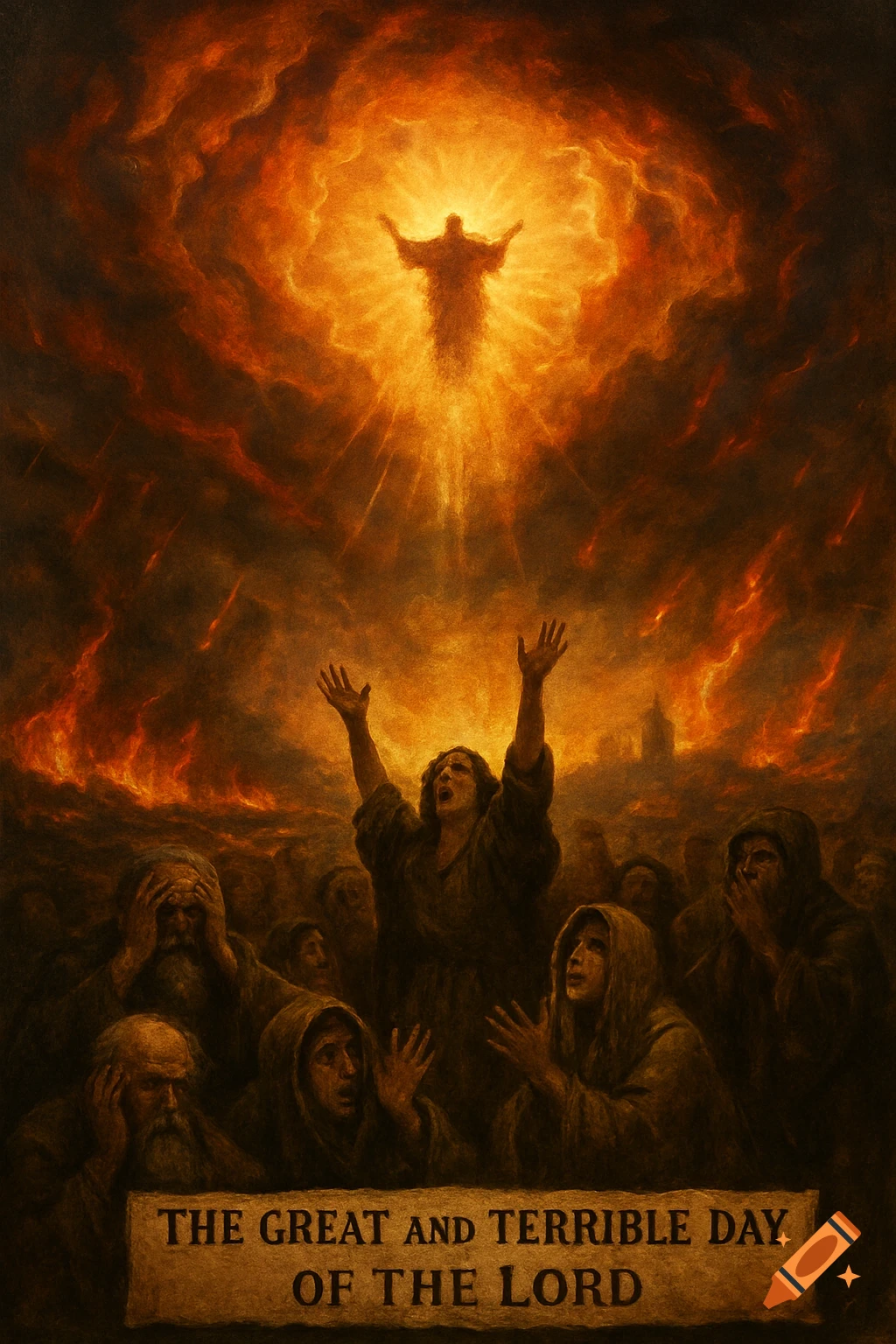A dramatic painting depicts a divine figure glowing in a fiery, apocalyptic sky above distressed crowds amidst flames, with text "THE GREAT AND TERRIBLE DAY OF THE LORD" below.