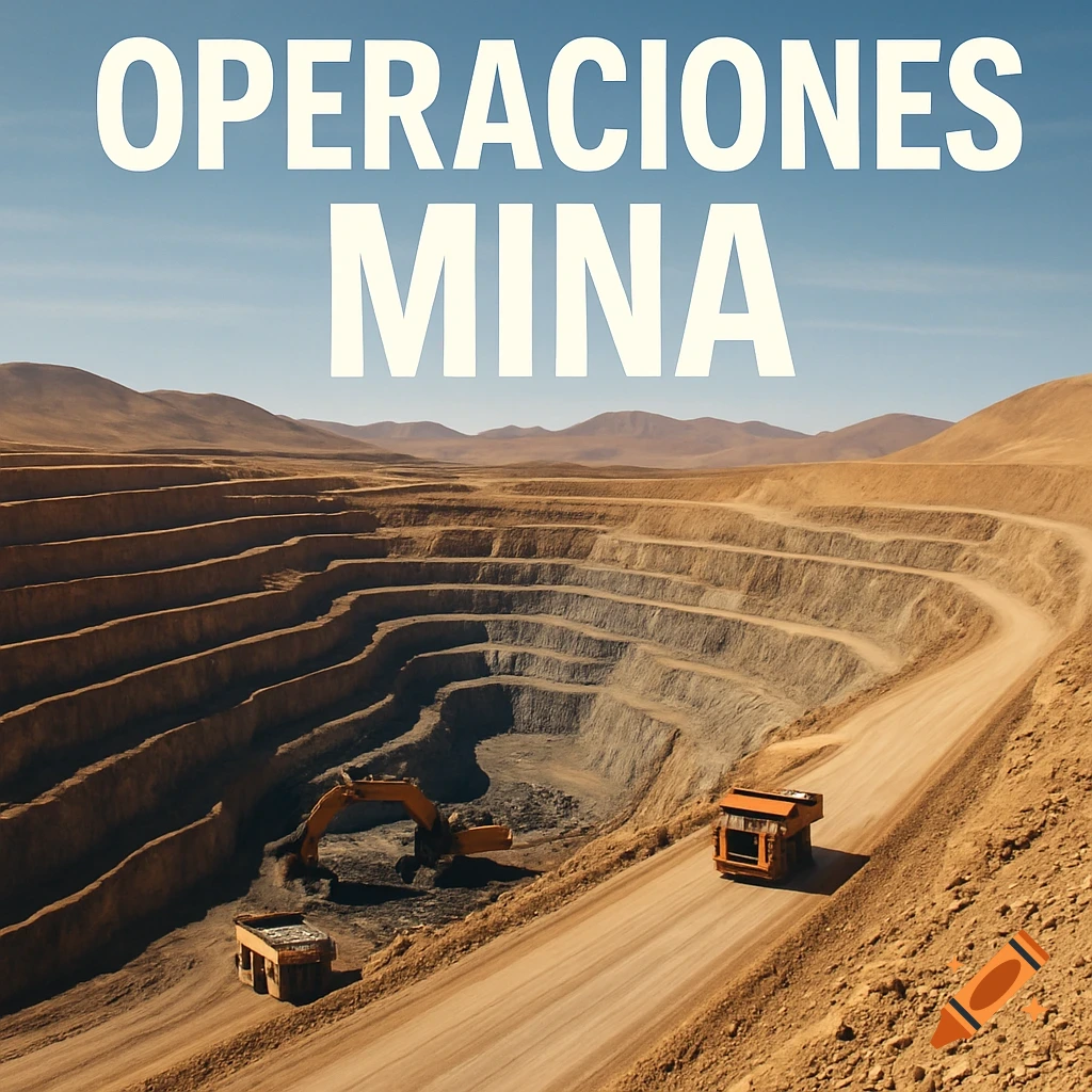 Photorealistic open-pit mine in a desert landscape with an excavator, dump truck, and 'OPERACIONES MINA' text.