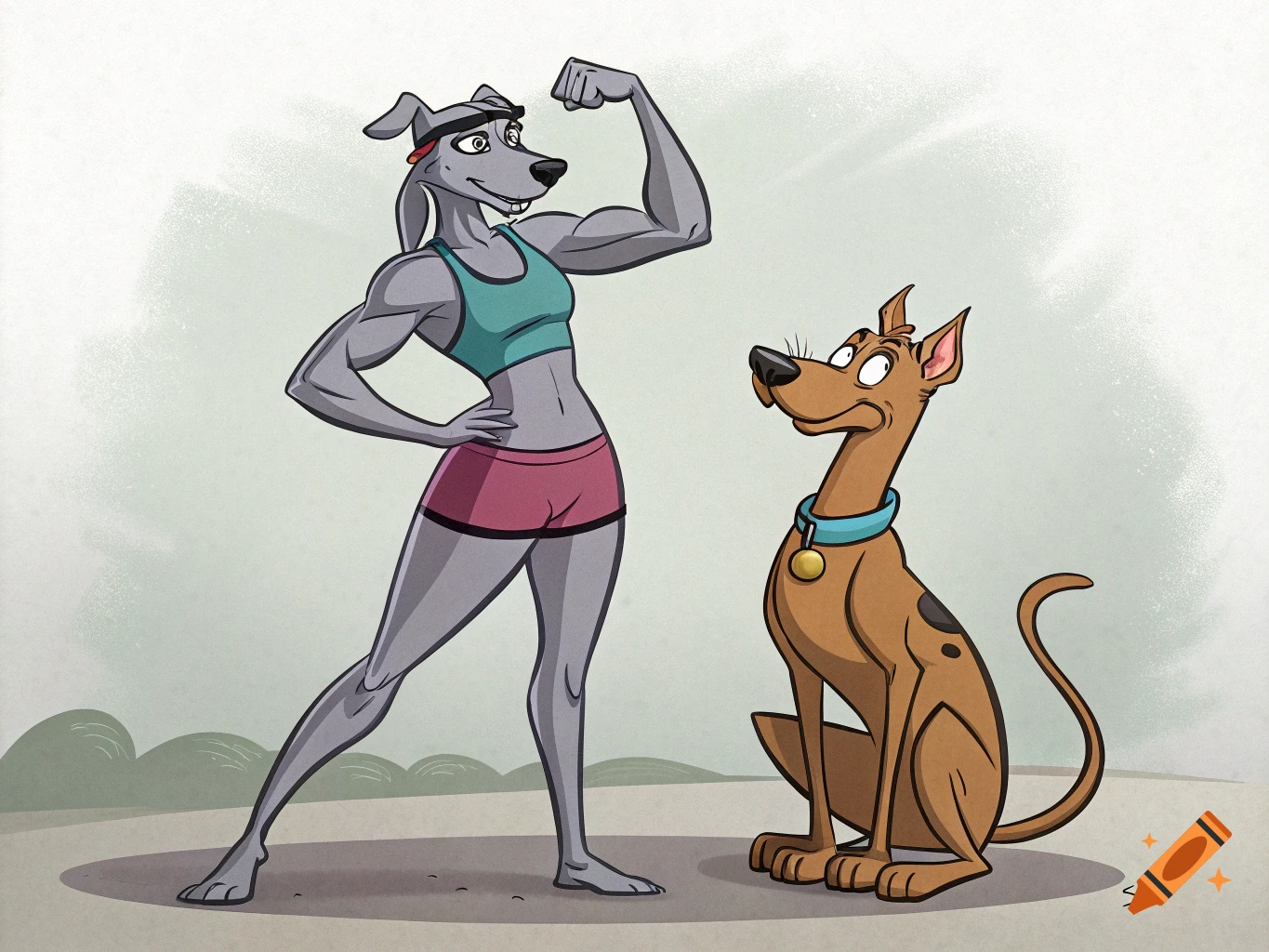 A cartoon of a muscular female greyhound in sportswear flexing her arm next to a surprised Scooby Doo.