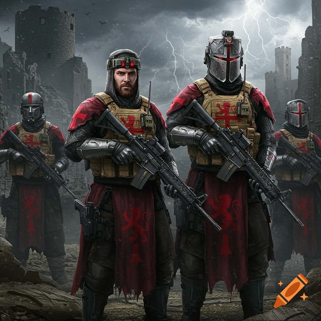Modernized Christian crusaders, resembling Navy SEALs, stand with rifles in a stormy, ruined castle setting.
