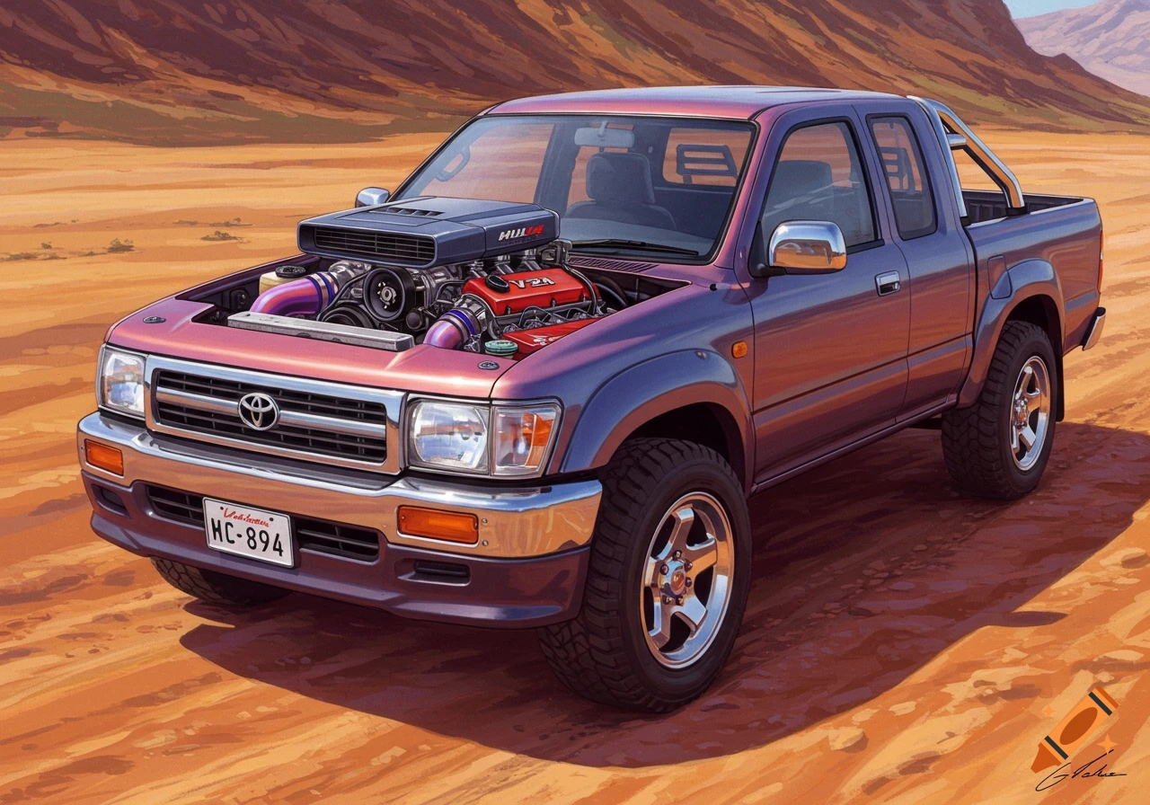 A purple Toyota Hilux pickup truck with its hood open, revealing a large custom engine, parked on a dirt road in a desert with mountains.