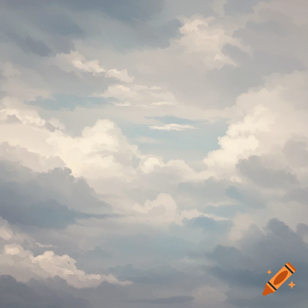 A painting showing hazy, dull clouds in shades of gray and white with glimpses of pale blue sky.