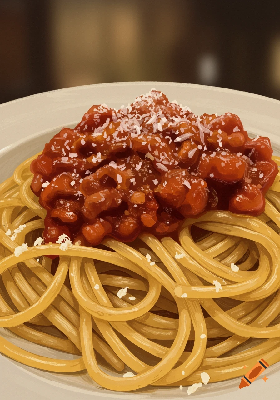 Spaghetti with red sauce and grated cheese on a white plate, illustrative style.