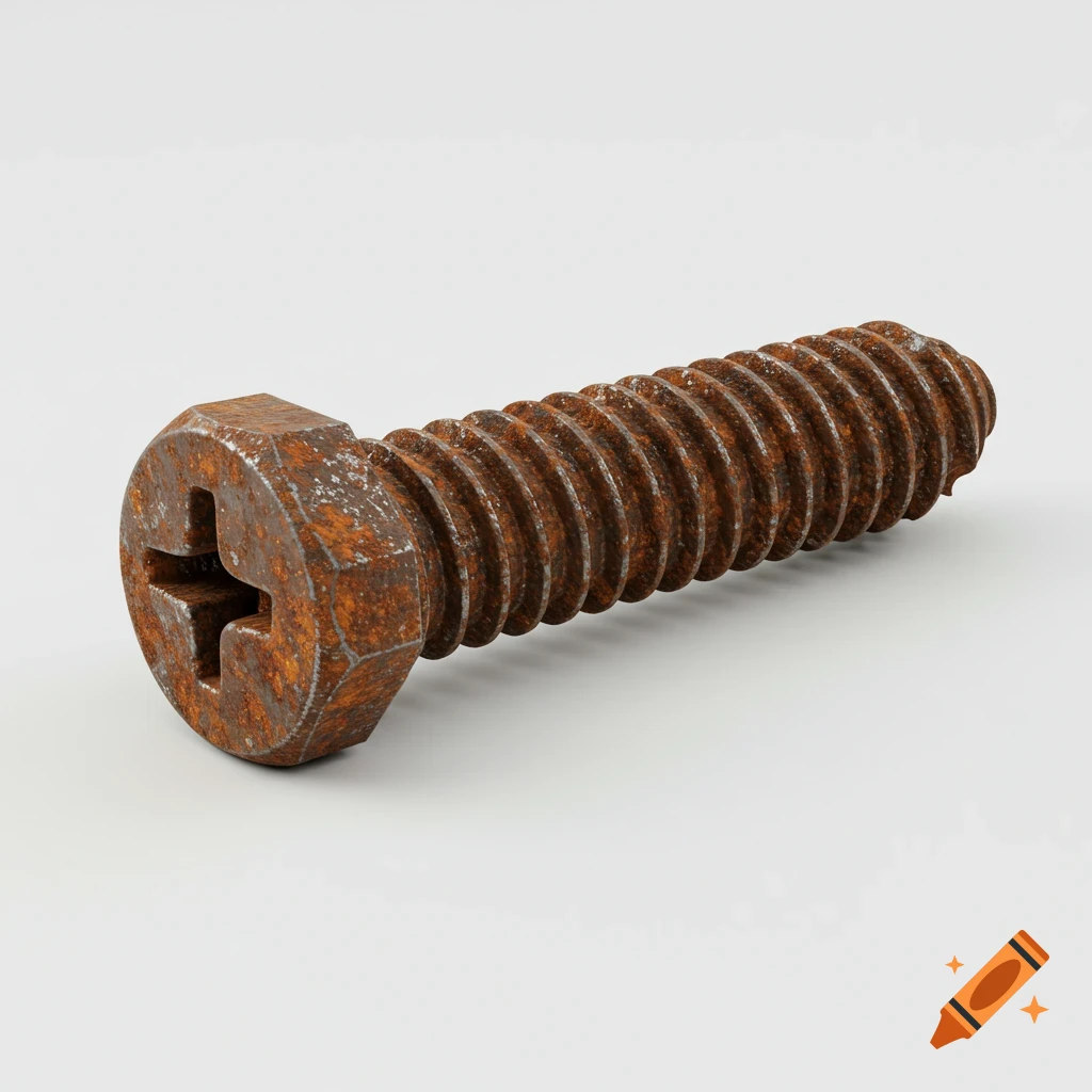 A realistic rusty screw on a white background.