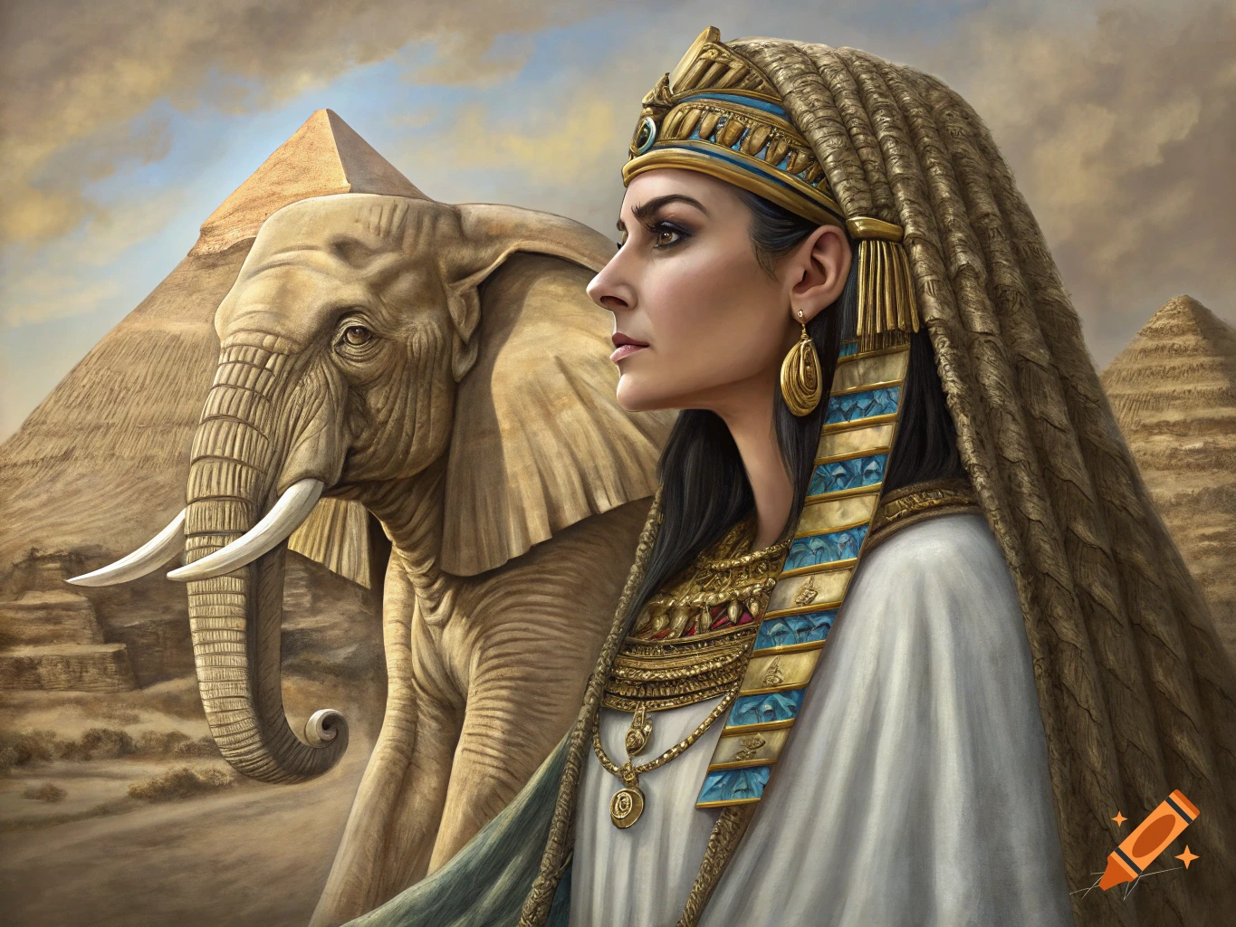 A woman in ancient Egyptian attire, resembling Cleopatra, stands beside an elephant with pyramids in the background.