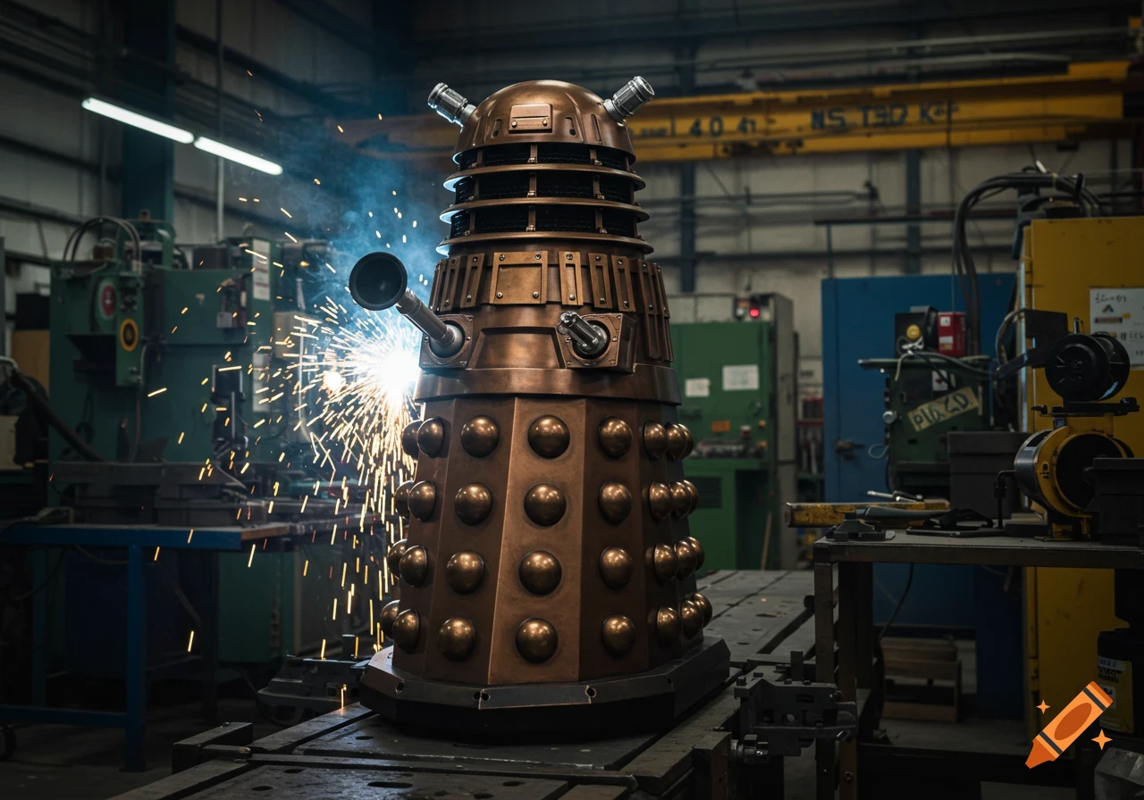 Photorealistic image of a bronze Dalek being assembled in an industrial factory with welding sparks.
