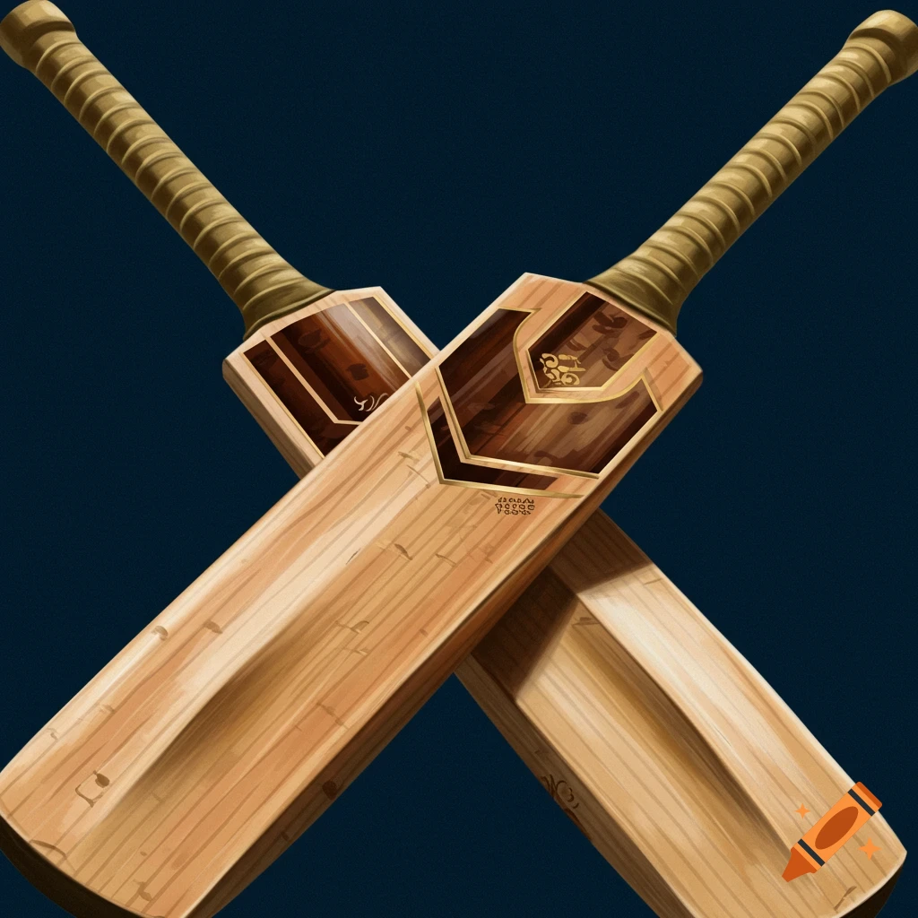 Two wooden cricket bats crossed diagonally on a dark blue background.