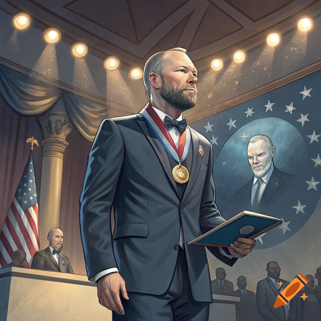 An older man with a beard and graying hair, wearing a suit and medal, stands holding a plaque at an awards ceremony with an American flag and spectators.
