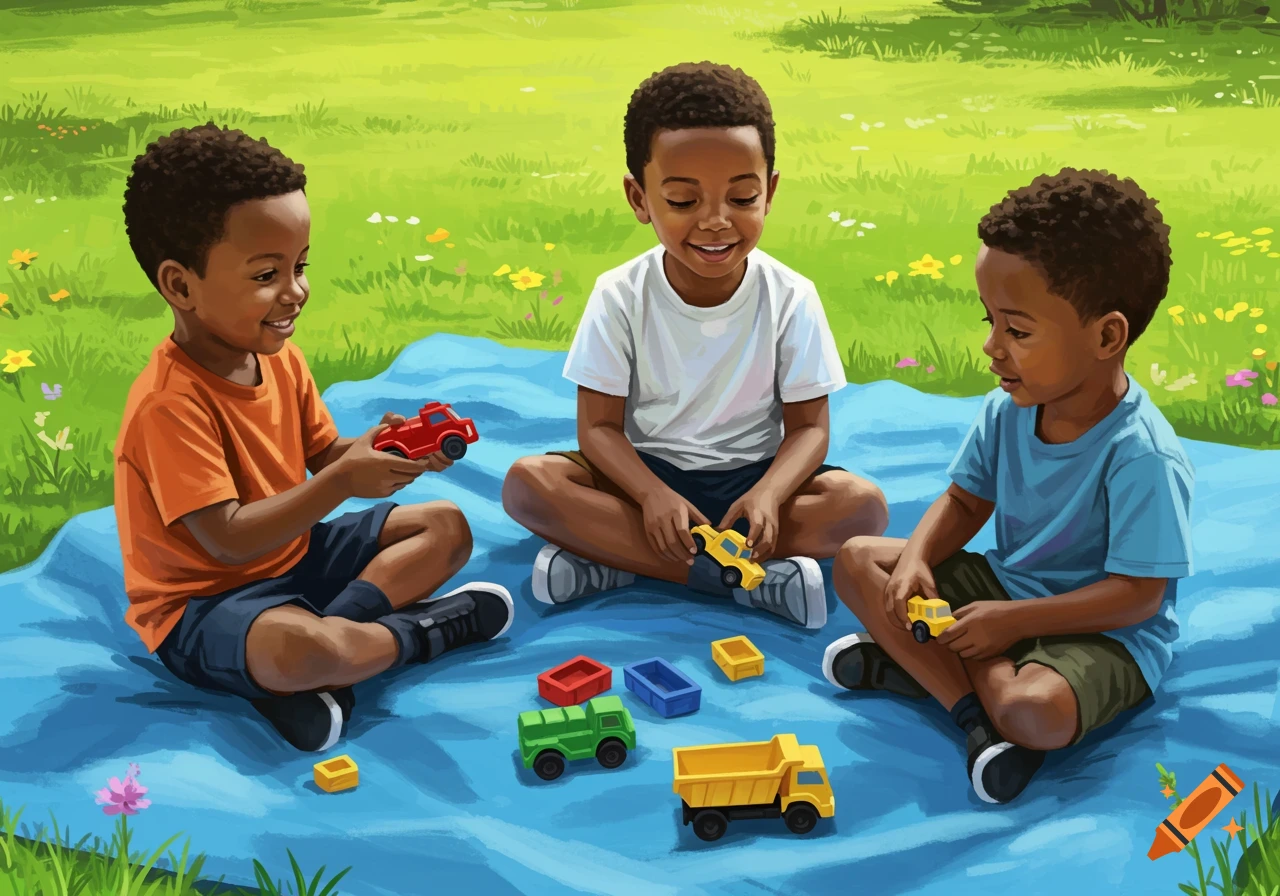 Three happy black boys play with colorful toy cars and blocks on a blue blanket in a sunny green field. Illustrated style.