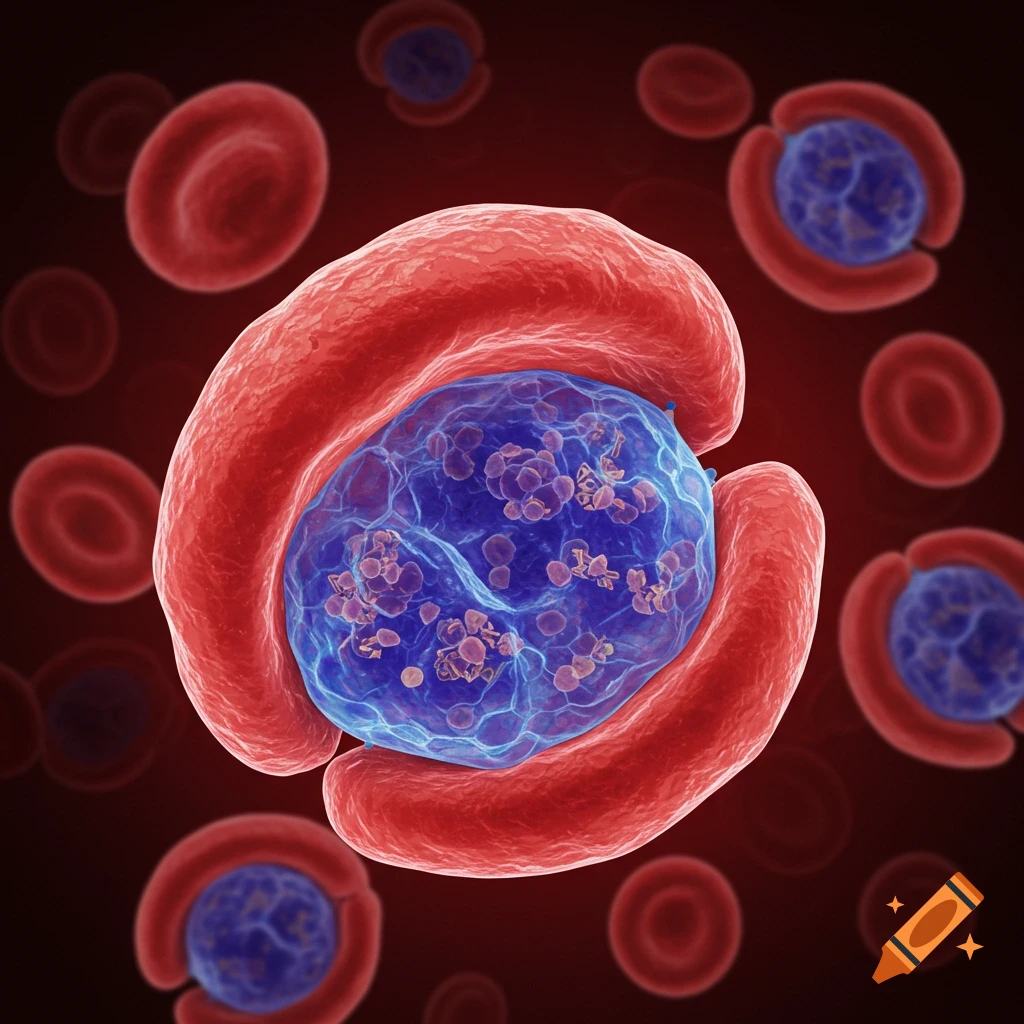 A stylized microscopic view of a large blue cell with purple internal structures, surrounded by several red blood cells against a dark red background.