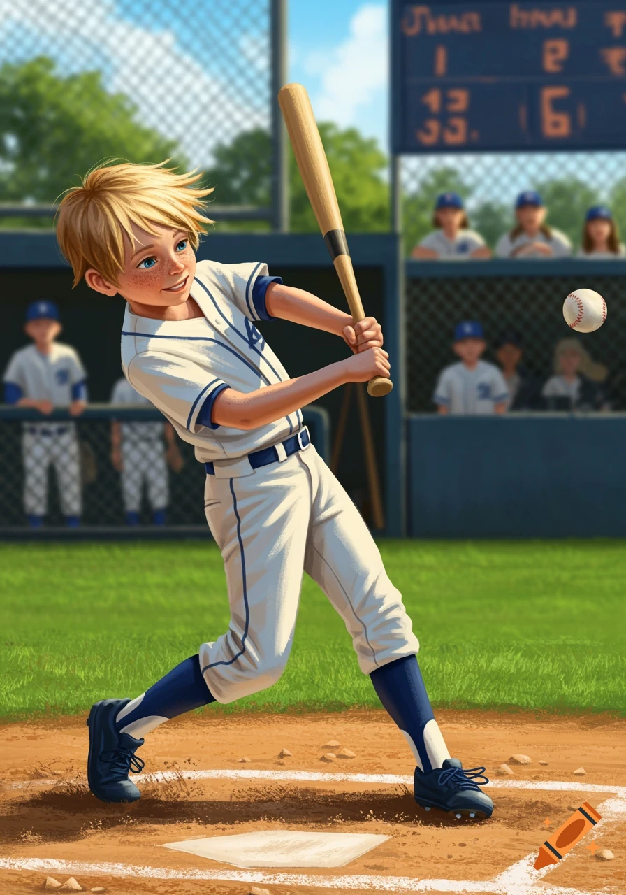 A young boy in a baseball uniform swings a bat at a ball on a baseball field with a scoreboard in the background.