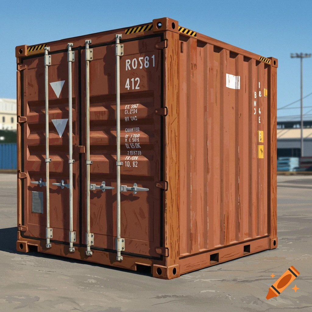 A photorealistic brown shipping container sits on a concrete surface under a clear blue sky.
