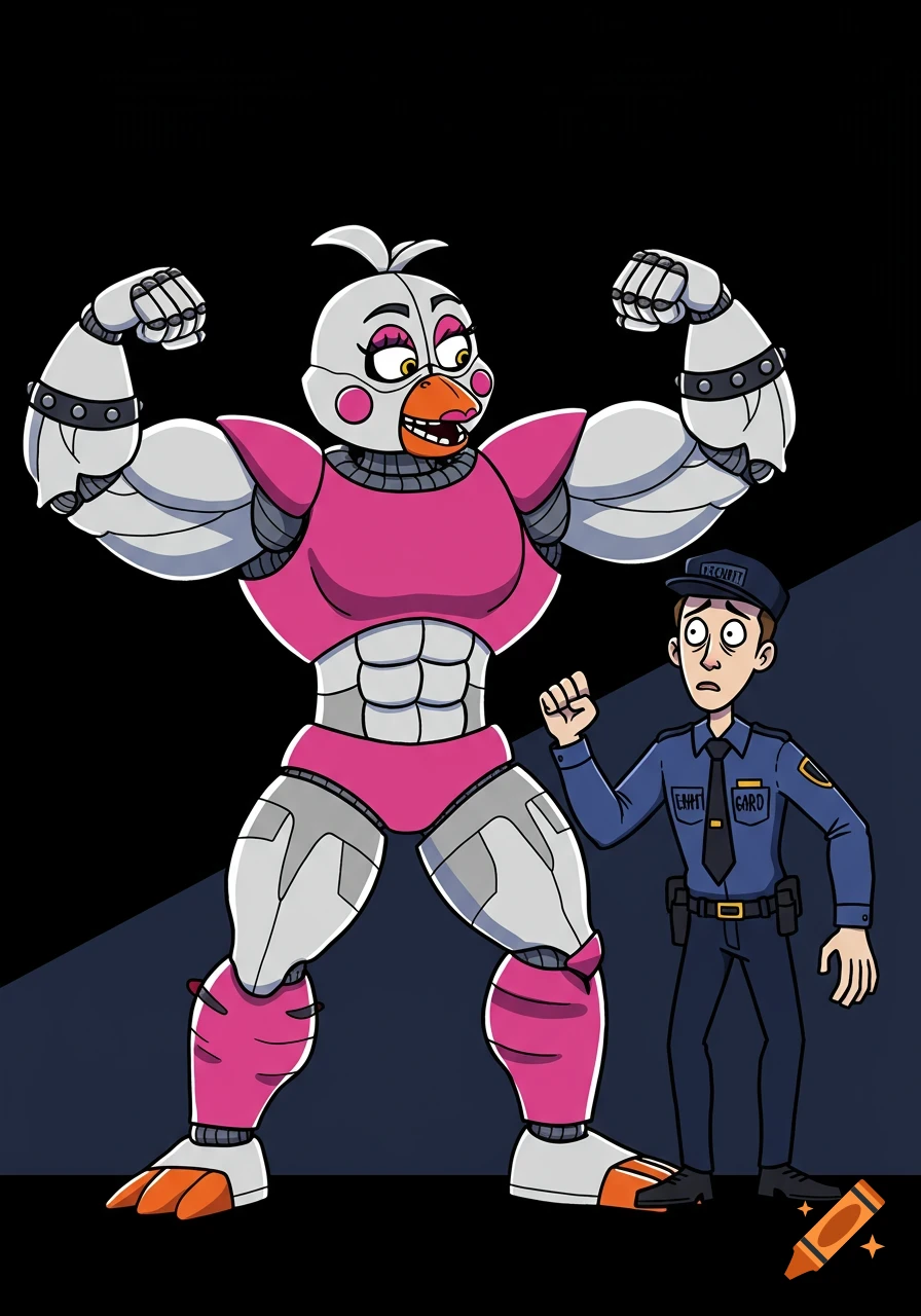 A muscular Funtime Chica robot flexing her biceps, looking down at a small, surprised male nightguard in a uniform. Cartoon style.