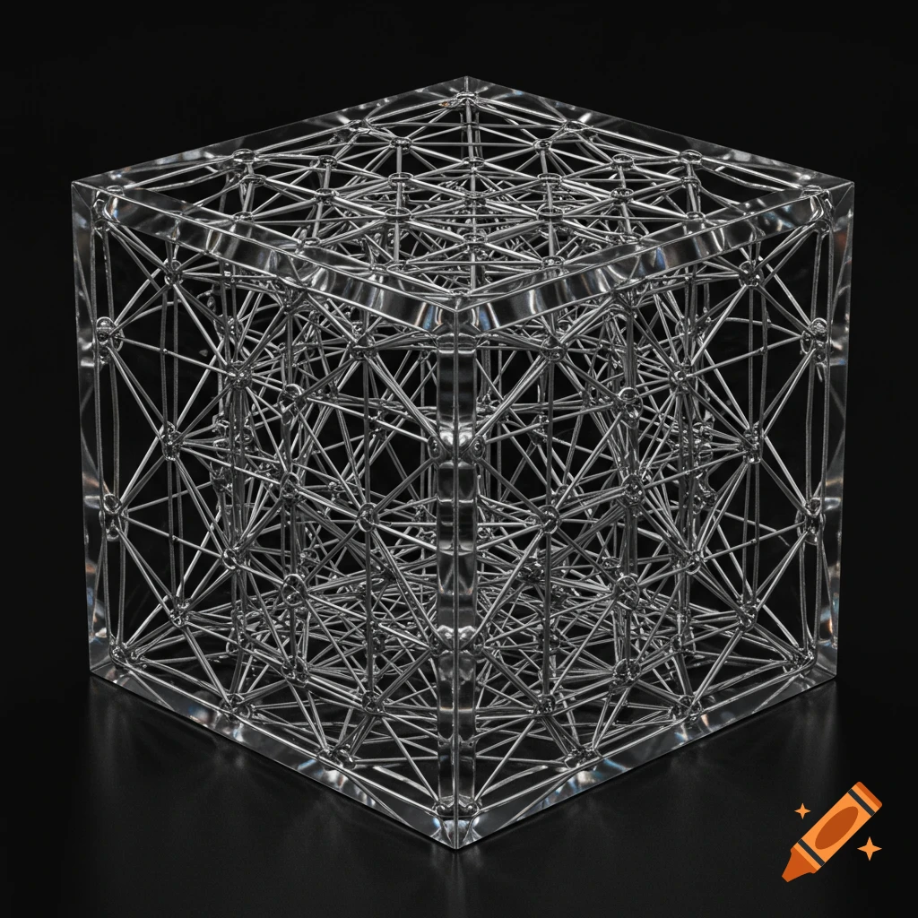A transparent cube contains an intricate, shimmering metallic wire grid on a black background.