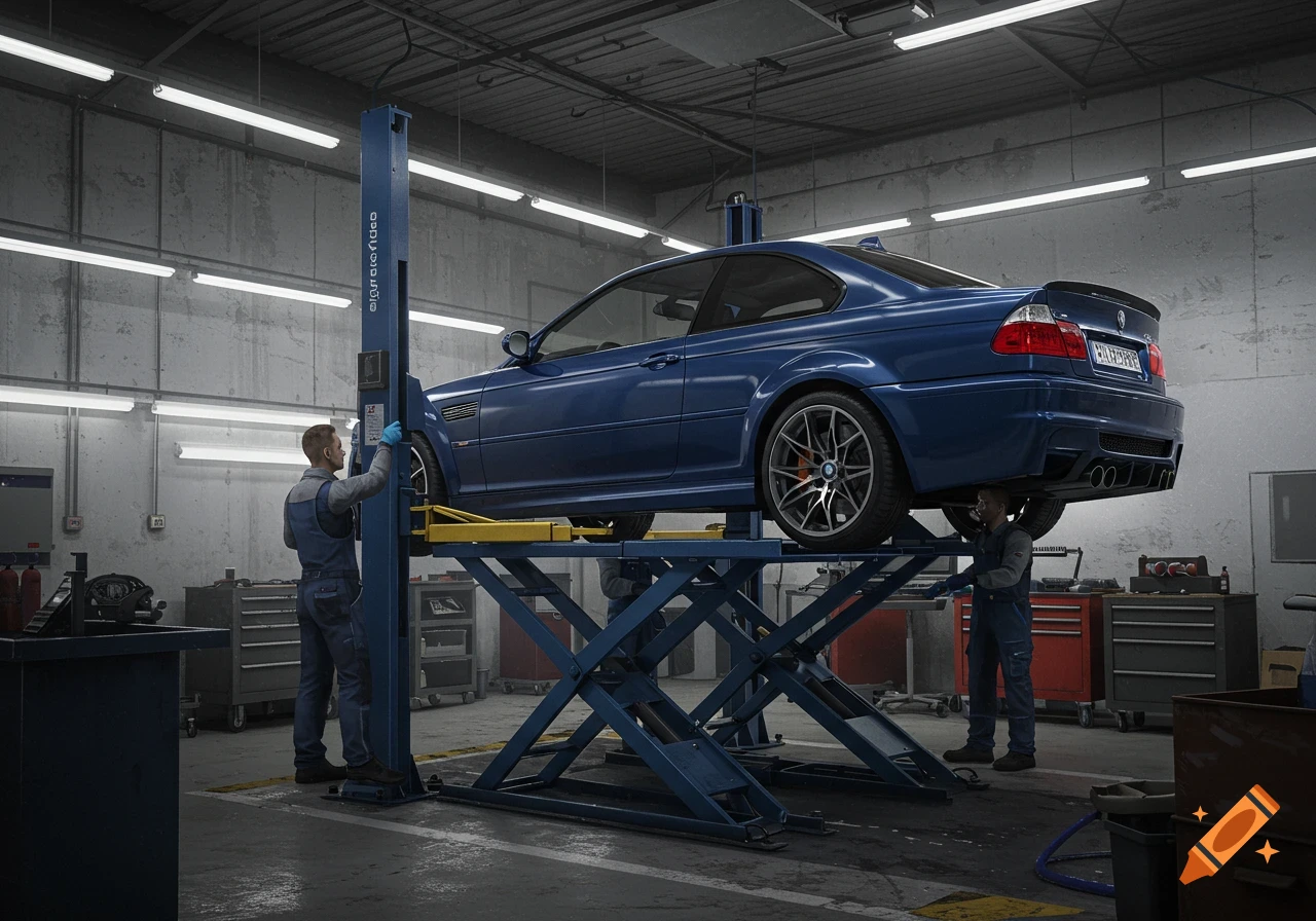A blue BMW car is raised on a lift in a garage with two mechanics working on it, photorealistic style.