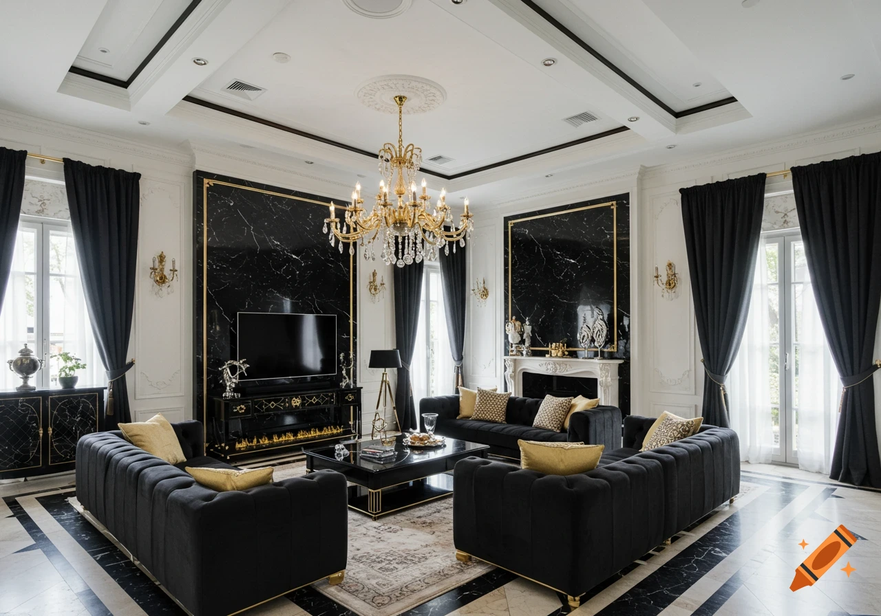 A luxurious mansion living room with black velvet sofas, a gold chandelier, black marble walls, and a black and white marble floor.