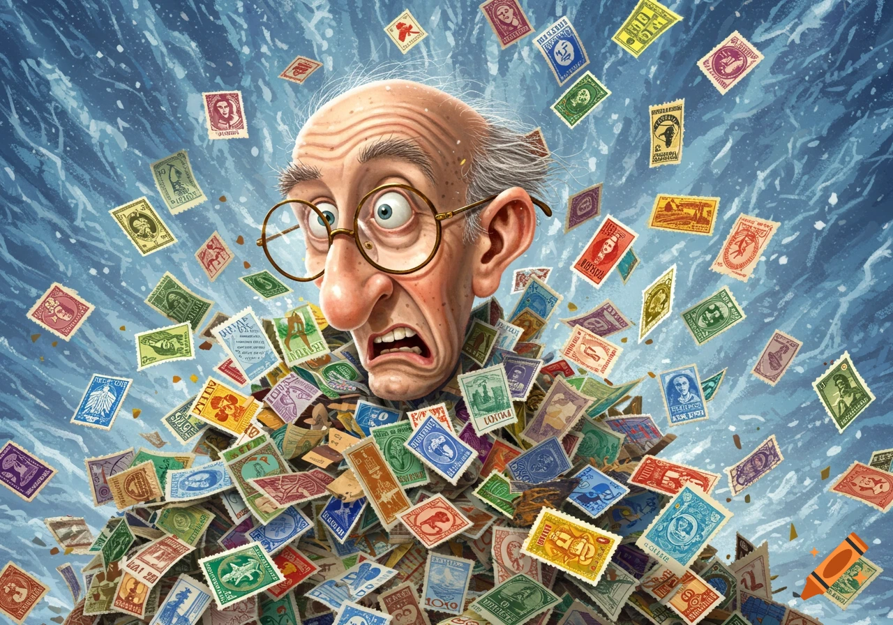 An expressive, cartoonish illustration of a balding man with glasses being overwhelmed by an avalanche of colorful postage stamps.