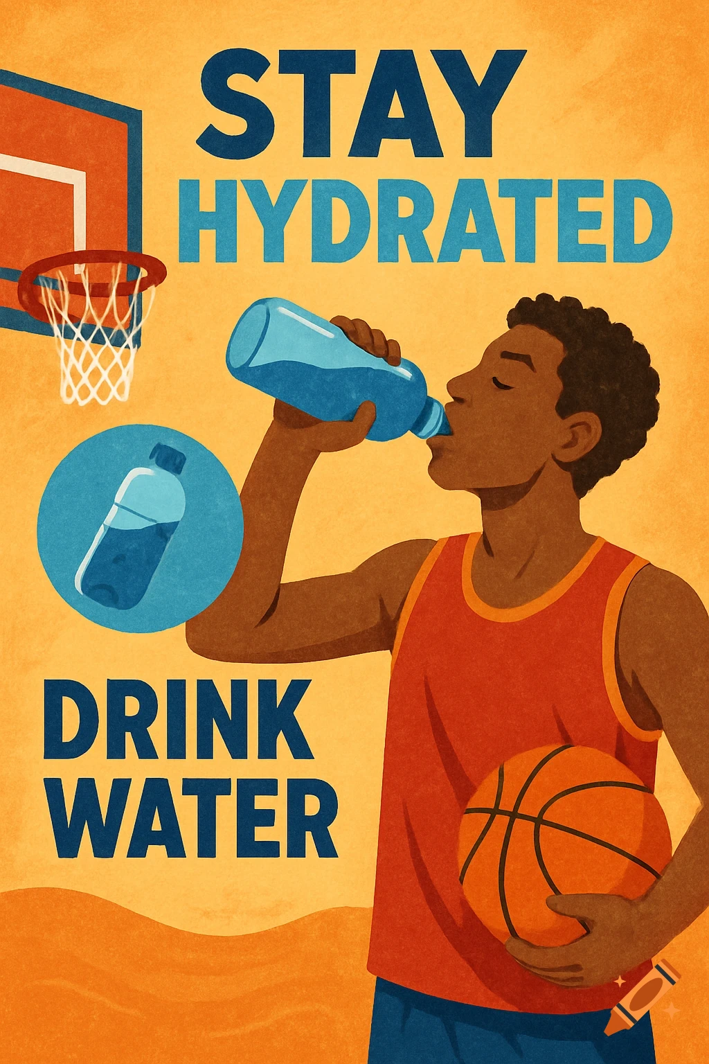 A graphic illustration of a young man drinking from a water bottle on a basketball court, with text 'STAY HYDRATED DRINK WATER'.