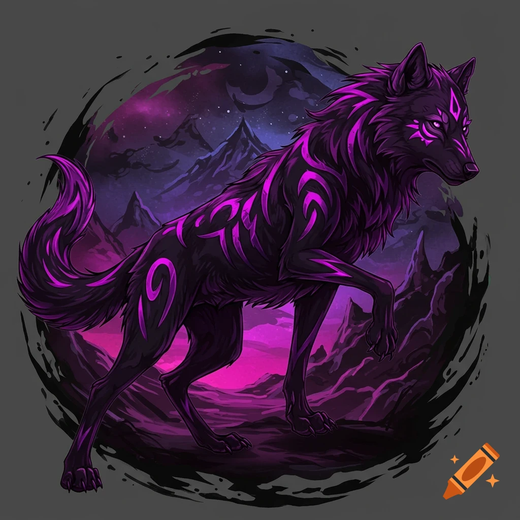 Stylized black wolf with vibrant purple tribal patterns stands in a cosmic, rocky landscape illustration.