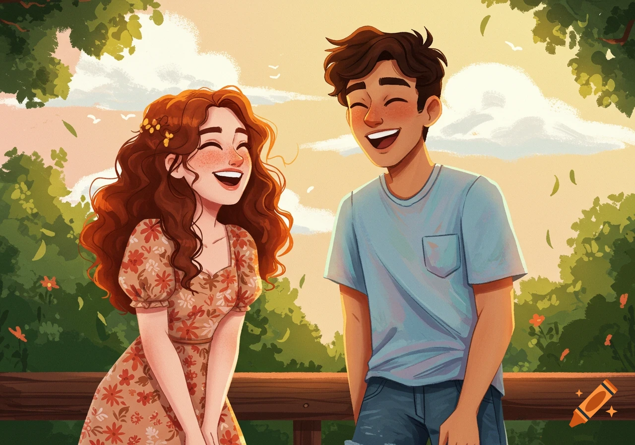 An illustration of a young man and woman laughing outdoors, surrounded by trees and a bright sky.