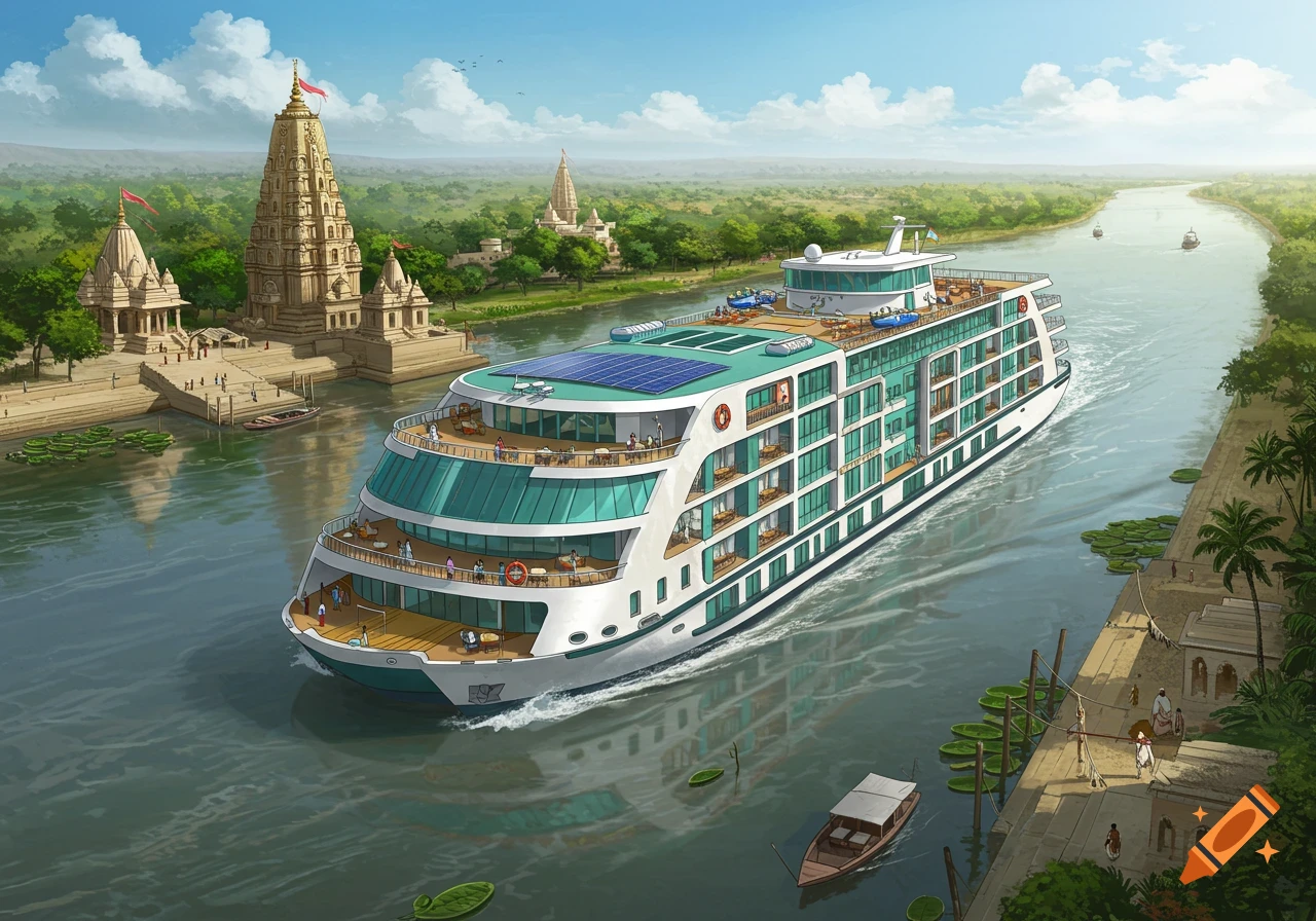 A large modern cruise ship with solar panels sails down a river, passing traditional Indian temples and lush green banks under a blue sky.