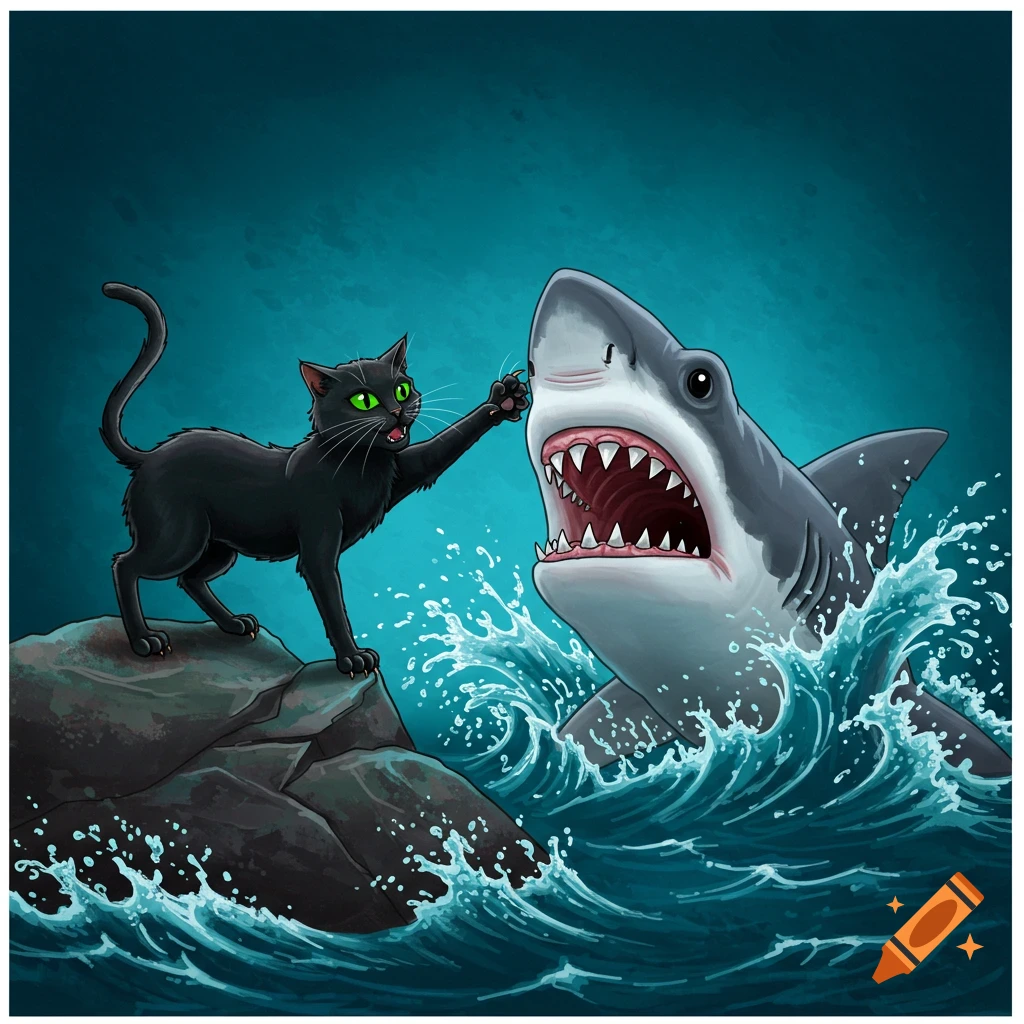 A black cat with green eyes stands on rocks, pawing at a large shark emerging from the ocean waves in a cartoon style.