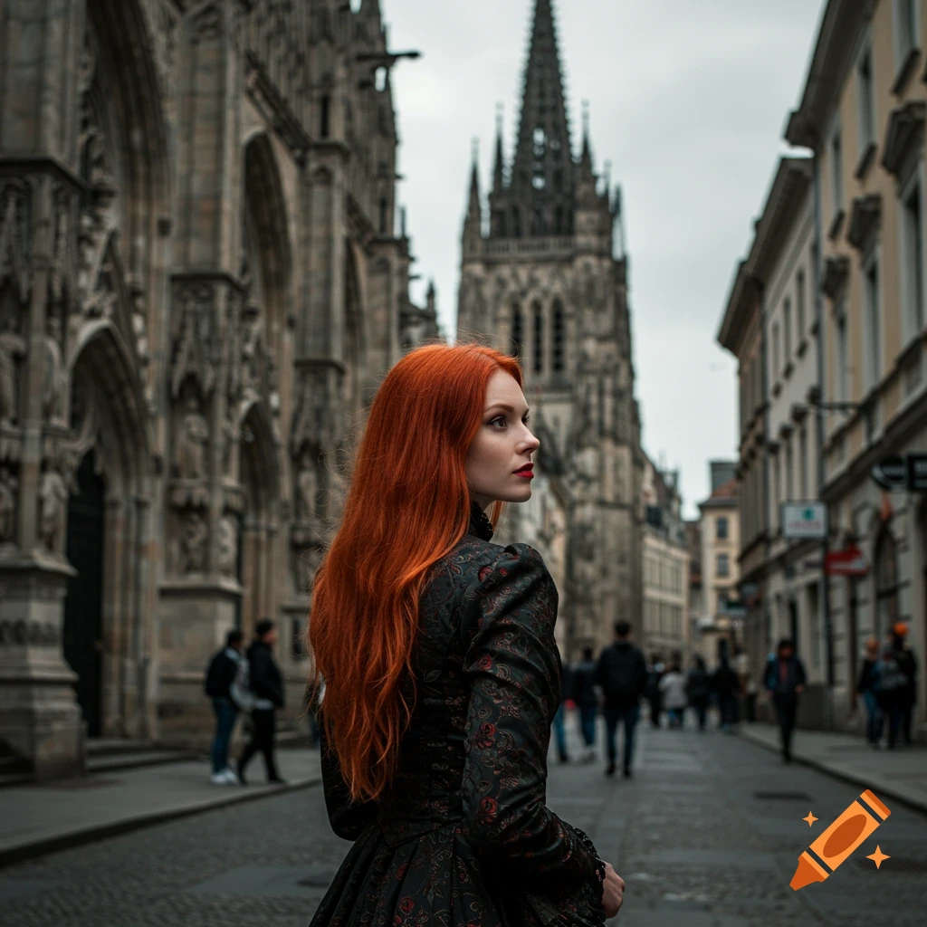 A redhead woman in a dark dress looks over her shoulder on a cobblestone street with a gothic church in the background.