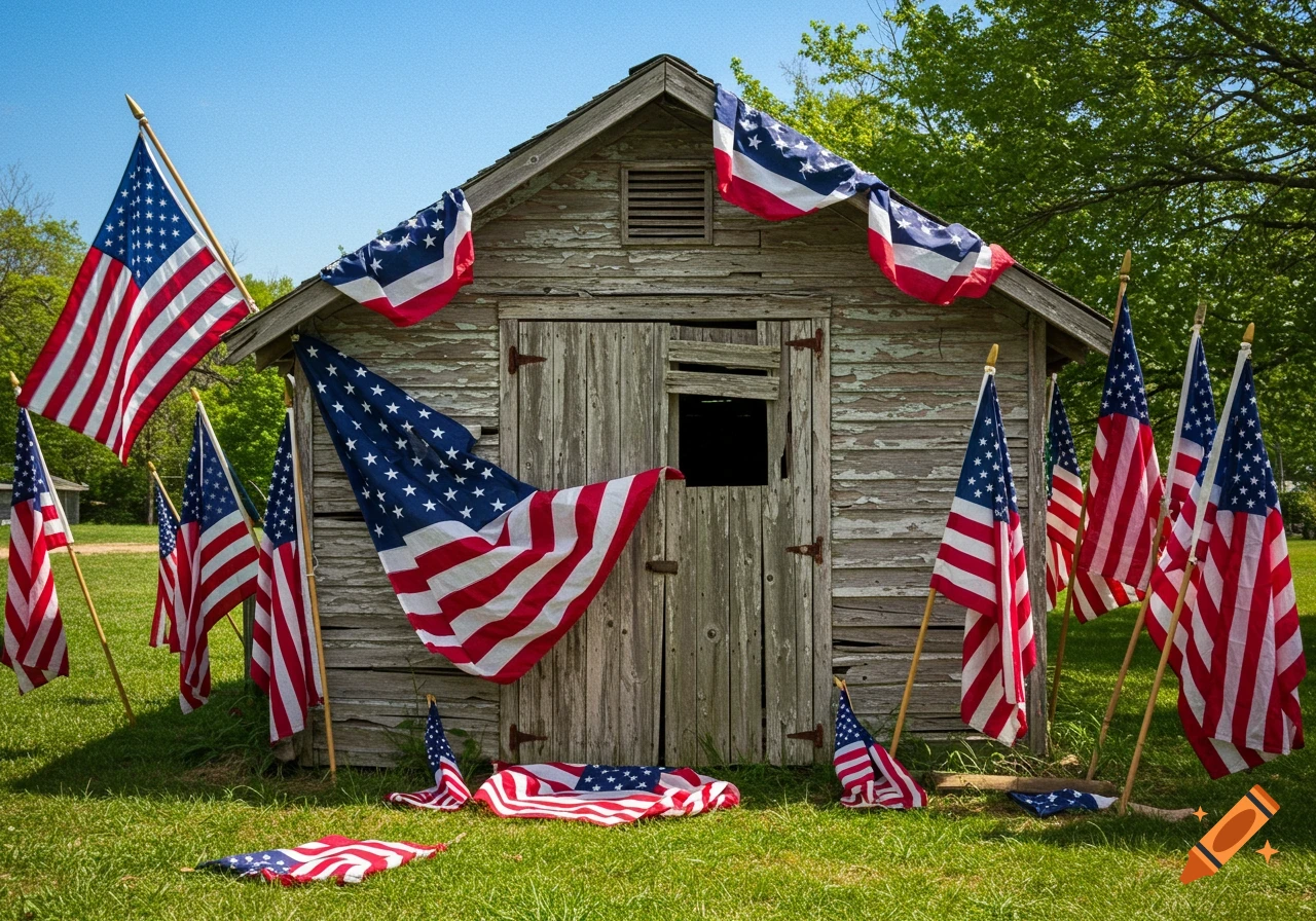 An old wooden shed is surrounded by numerous American flags on a sunny day, with green grass and trees in the background.