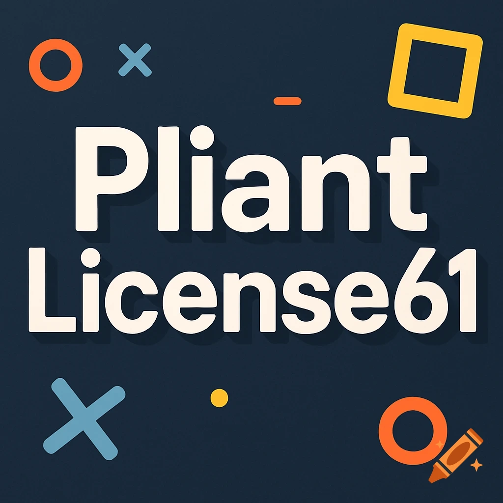 A dark blue background with the white text "Pliant License61" centered, surrounded by various abstract orange, light blue, and yellow geometric shapes.