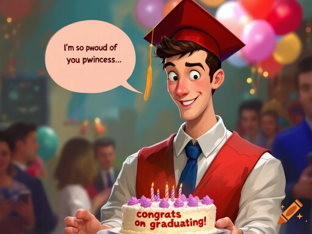 A smiling cartoon man in a red graduation cap holds a white cake that says "congrats on graduating!". A speech bubble above him reads "I'm so pwoud of you pwincess...". A blurred party scene with balloons is in the background.
