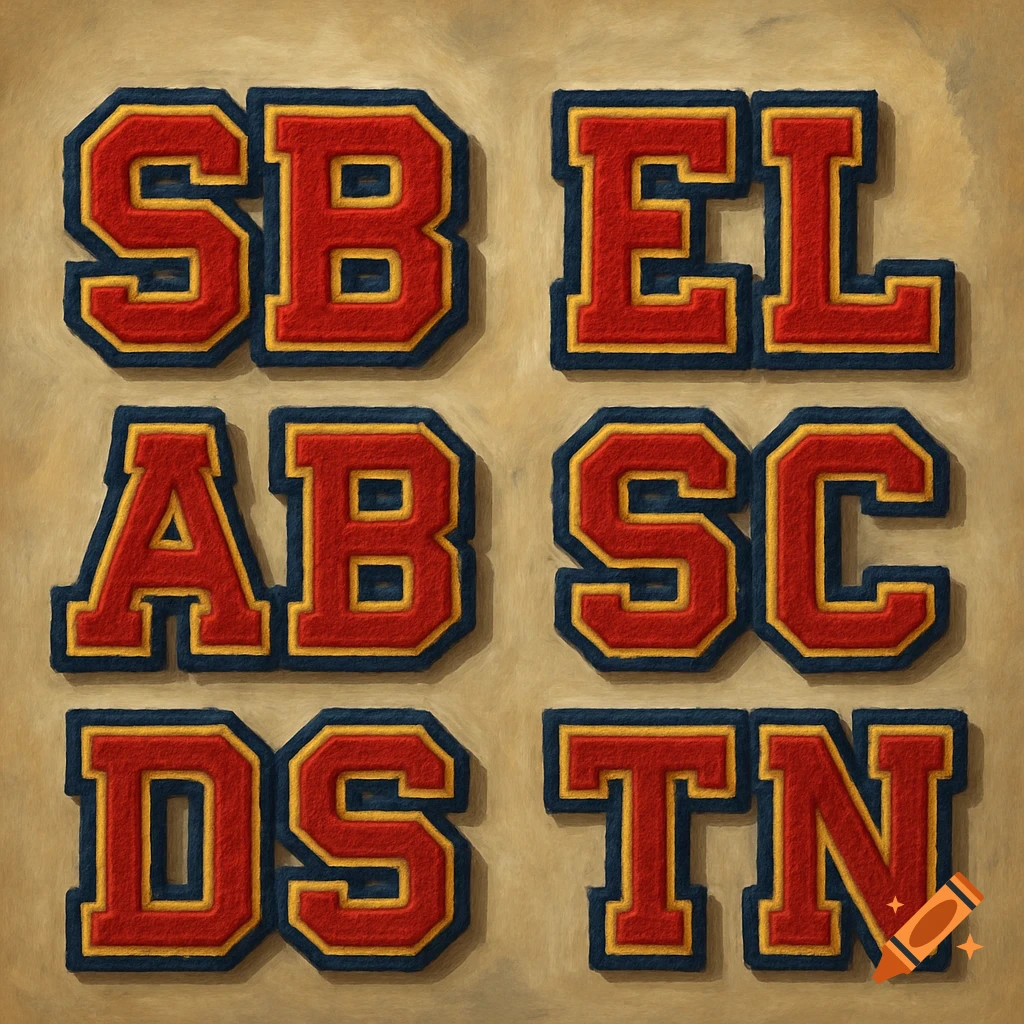Red and yellow felt letterman jacket patches with blue outlines, displaying the letters SB, EL, AB, SC, DS, and TN on a textured beige background.