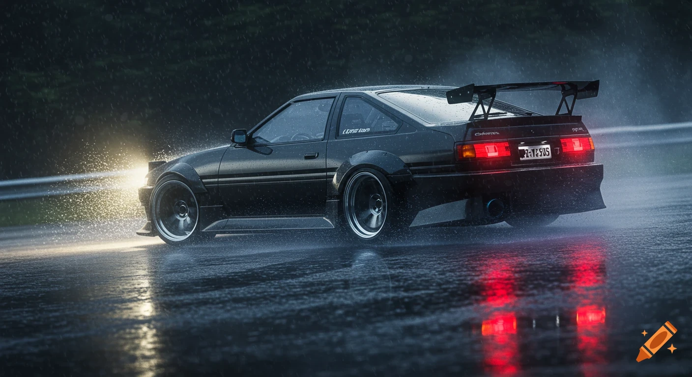 A black custom Toyota AE86 with a large spoiler drives on a wet road in heavy rain, its headlights and taillights glowing.