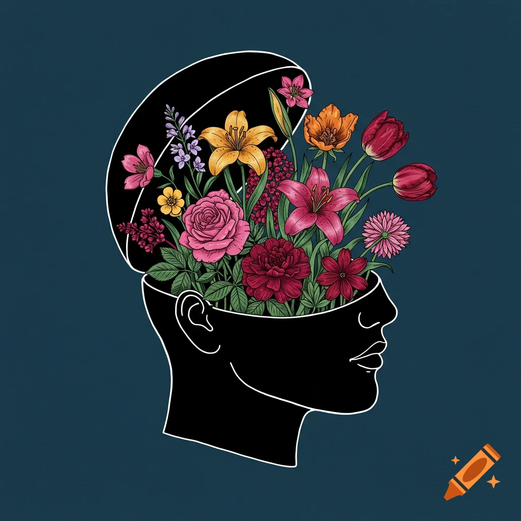 Black outline of a human head with the top open, overflowing with colorful blooming flowers.