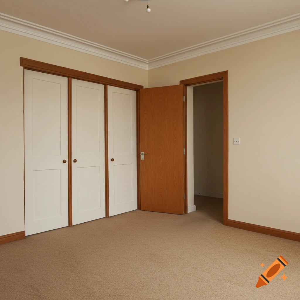 Empty room with tan carpet, light beige walls, white closet doors, and a natural wood bedroom door.