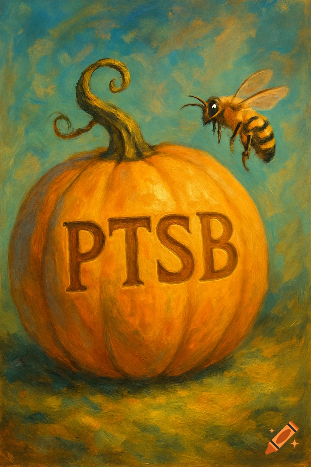 A painted image of an orange pumpkin with the letters 'PTSB' carved into its side, as a bee flies above it against a blue-green background.