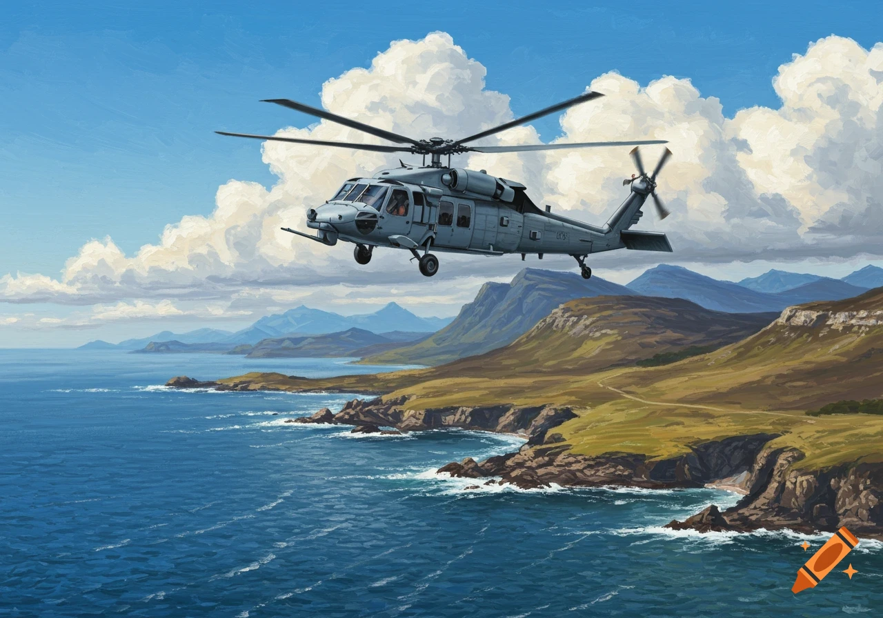 An MH-60 helicopter flies over a rugged Scottish coastline with mountains and clouds in an impasto painting style.
