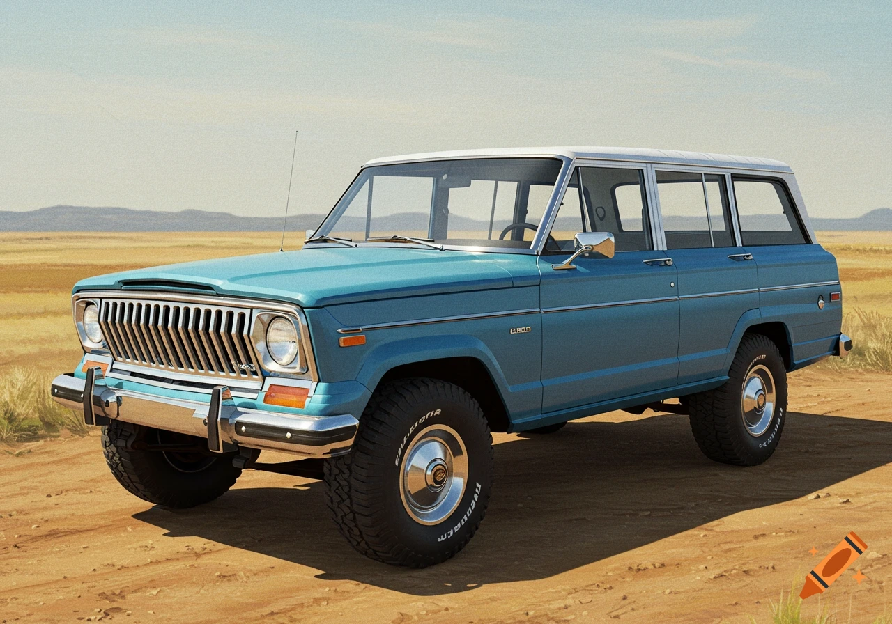 A teal and white vintage Jeep J4000 SUV parked on a dirt road in a desert landscape under a clear sky.