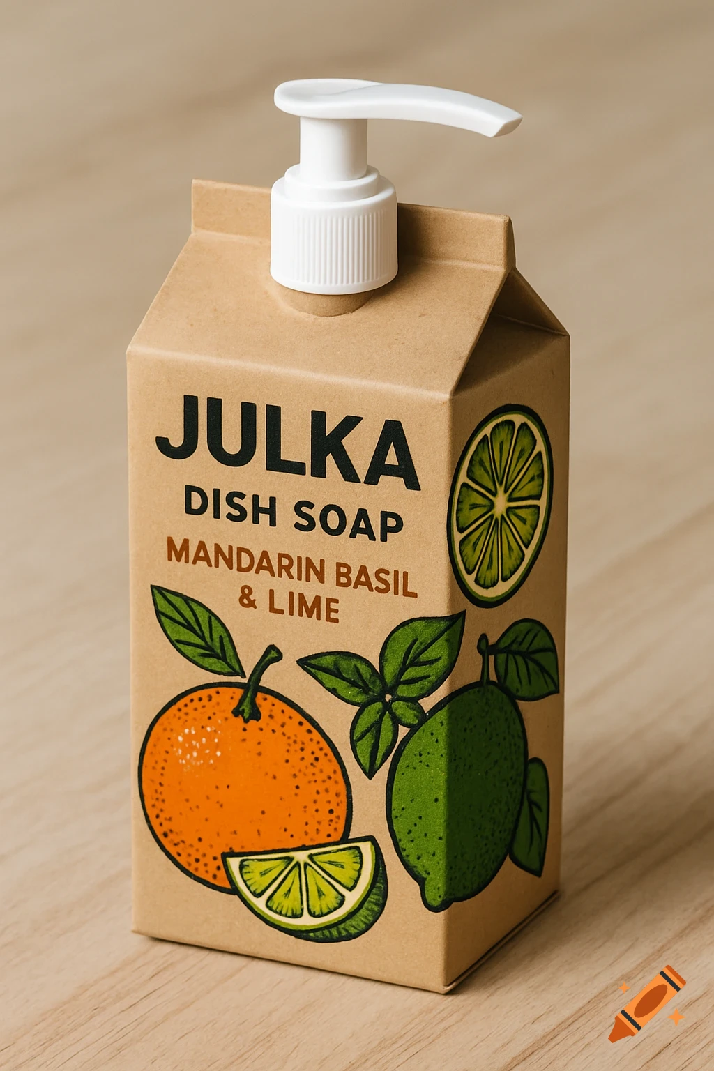 A carton of Julka dish soap shaped like a milk carton with an orange, lime, and basil leaves illustrated on it, on a wooden surface.